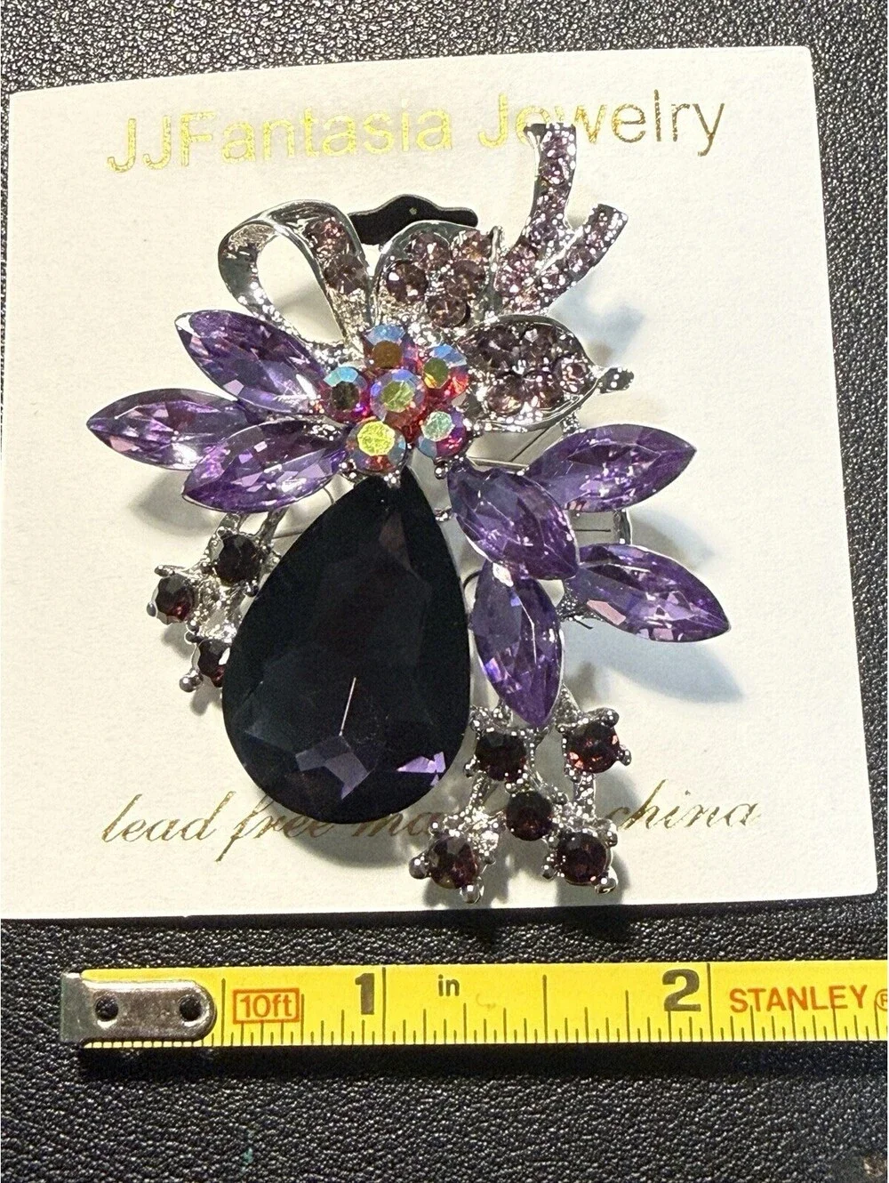 NEW JJ Fantasia 2000s Floral Brooch Crystal Rhinestone Purple AB, 2x2.5”